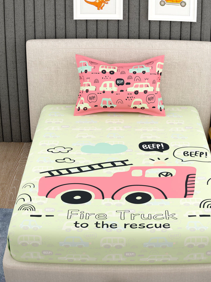 EverHome Light Green Conversational Print 100%Cotton Single Bedsheet with 1 Pillow Cover (150X224 cm)