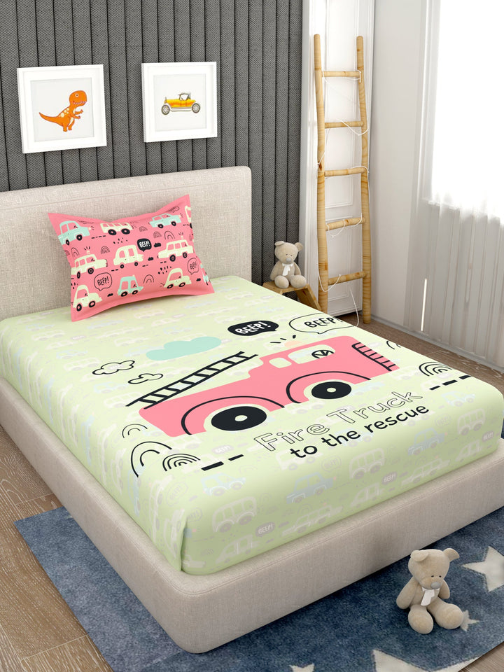 EverHome Light Green Conversational Print 100%Cotton Single Bedsheet with 1 Pillow Cover (150X224 cm)