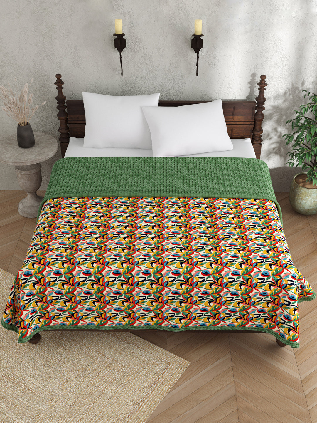 Green & Beige Floral Print AC Room 120 GSM  Cotton Double Bed Dohar