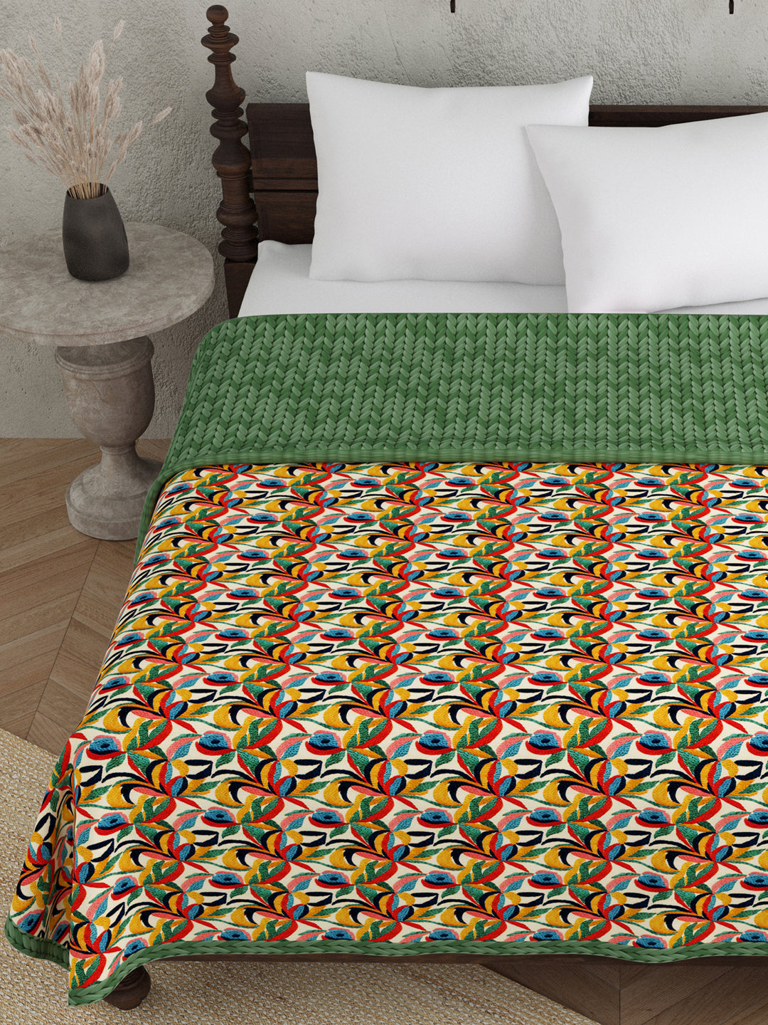 Green & Beige Floral Print AC Room 120 GSM  Cotton Double Bed Dohar