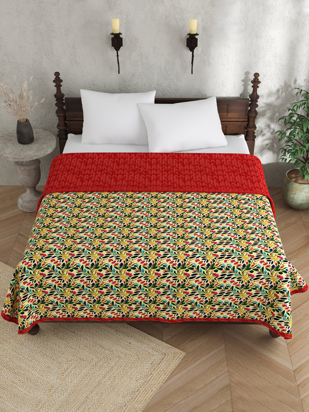 Red & Beige Floral Print AC Room 120 GSM  Cotton Double Bed Dohar