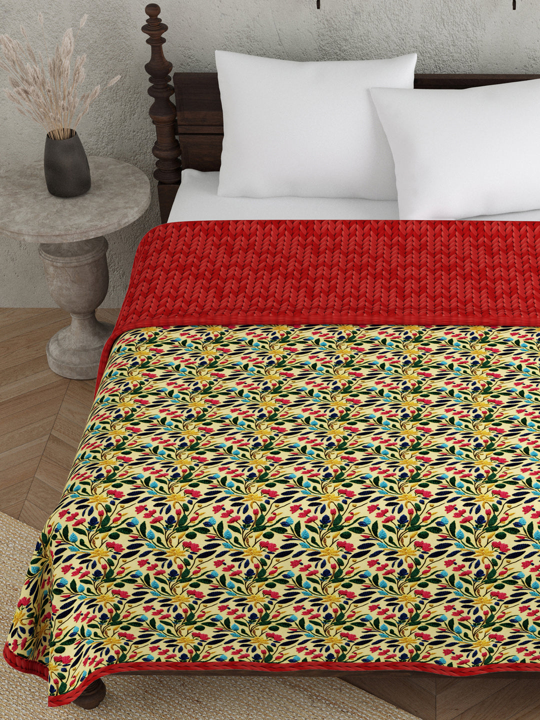 Red & Beige Floral Print AC Room 120 GSM  Cotton Double Bed Dohar