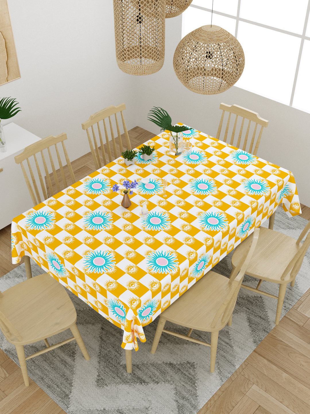 Yellow and Blue Geometric Print 6 Seater Table Cover