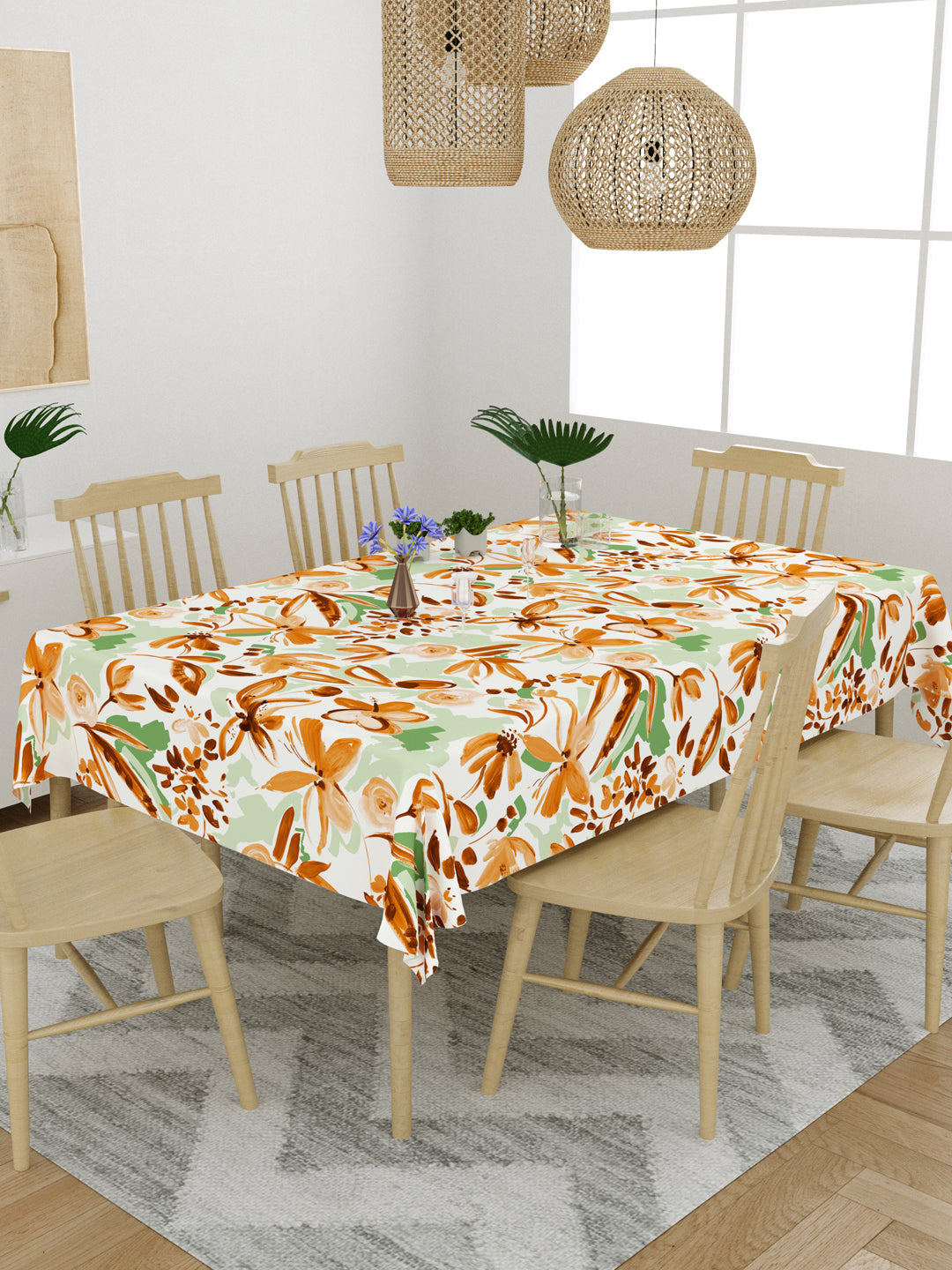 Green and Brown Floral Print 6 Seater Table Cover