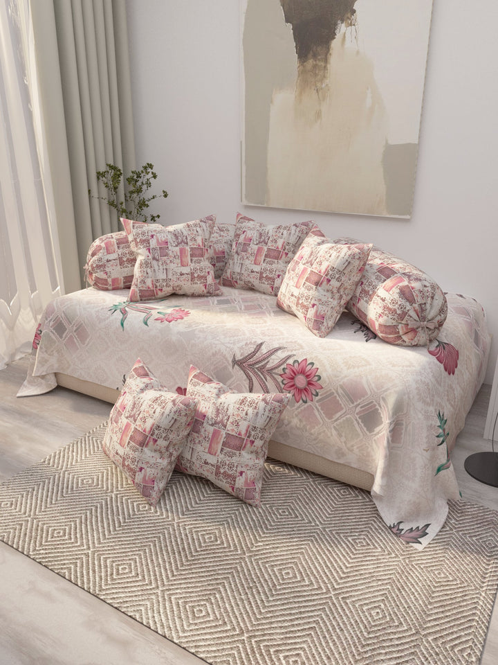 8 Pc Pink & Off White Digital Print Pure Cotton Diwan Set