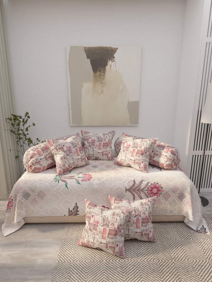 8 Pc Pink & Off White Digital Print Pure Cotton Diwan Set