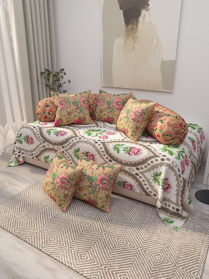 8 Pc Tan & Off White Digital Print Pure Cotton Diwan Set