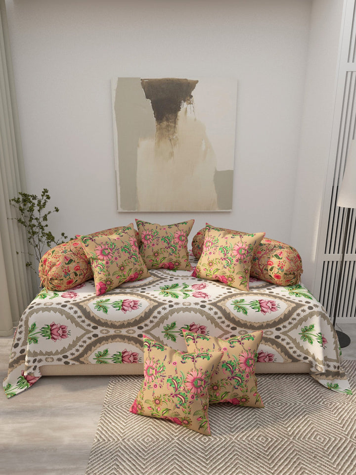 8 Pc Tan & Off White Digital Print Pure Cotton Diwan Set