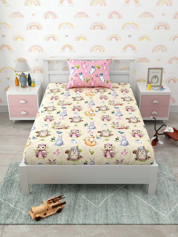 Pink & Beige Conversational Print Kids Single Bedsheet