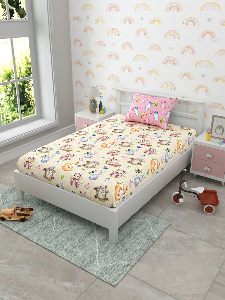 Pink & Beige Conversational Print Kids Single Bedsheet