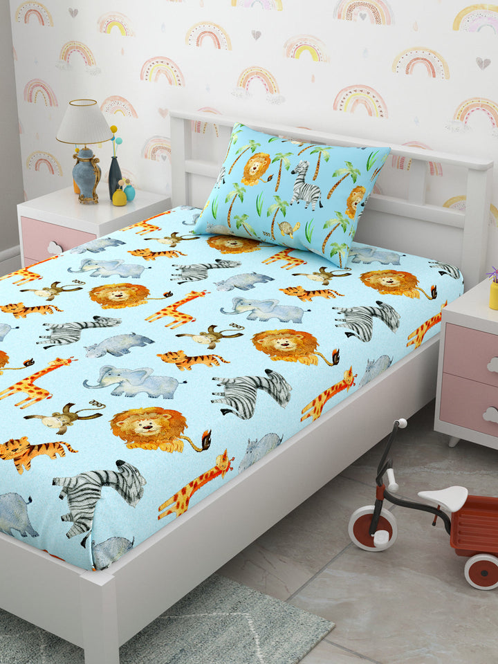 Blue Jungle Safari Conversational Print Kids Single Bedsheet