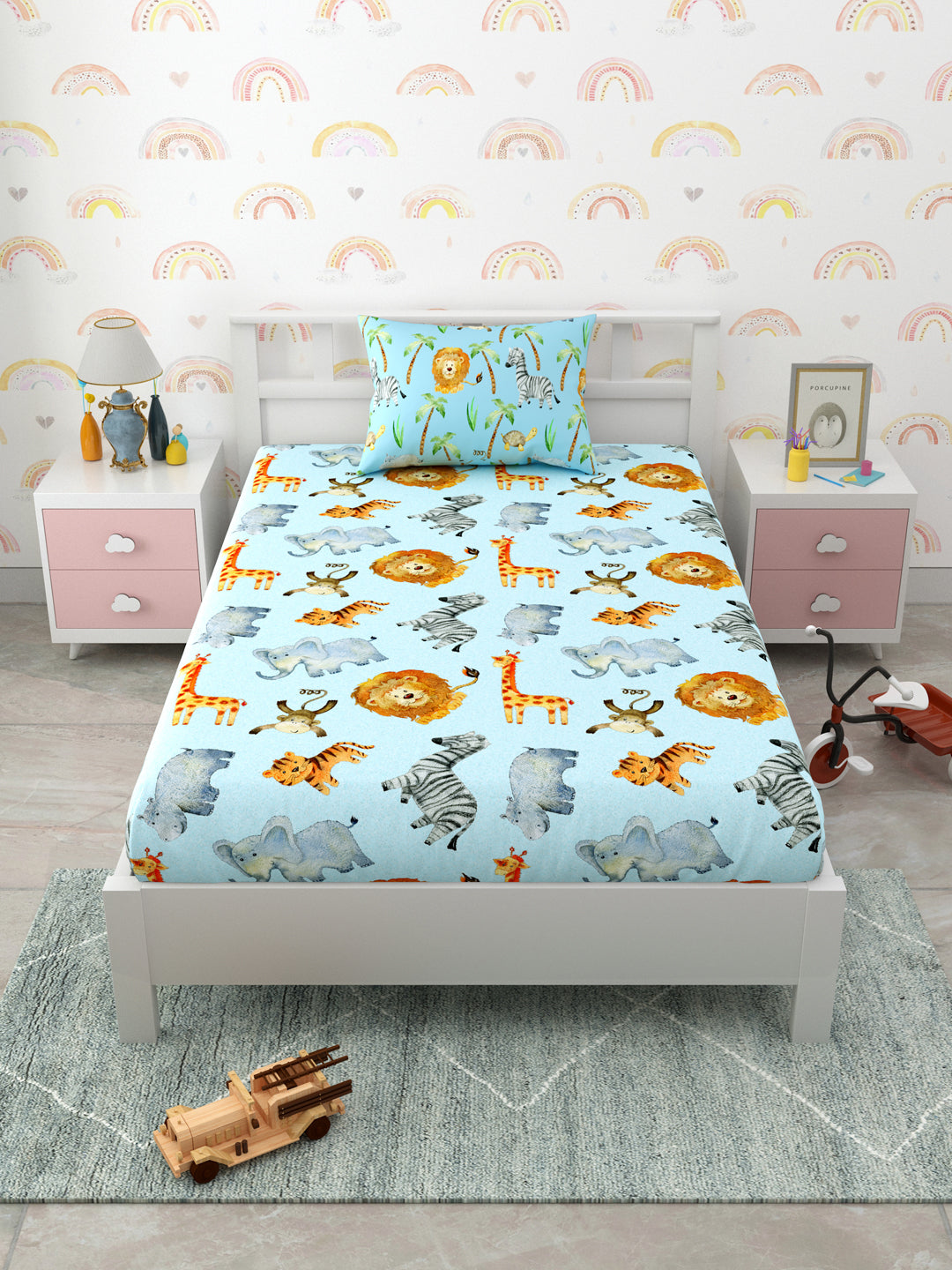 Blue Jungle Safari Conversational Print Kids Single Bedsheet