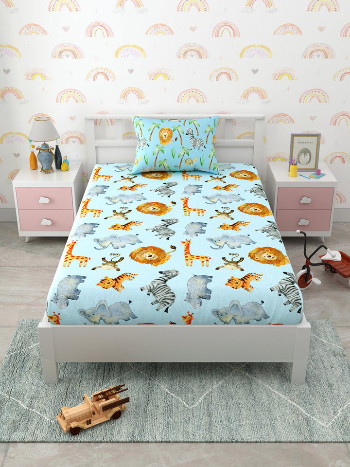 Blue Jungle Safari Conversational Print Kids Single Bedsheet