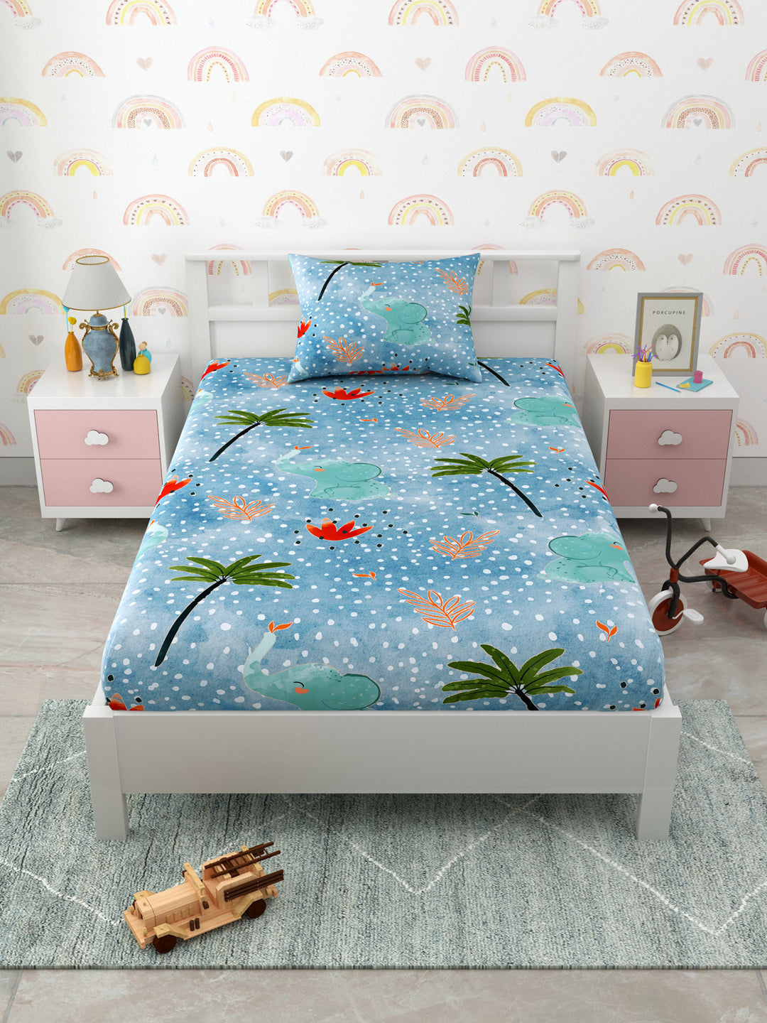Playful Elephants romp through Whimsical Forest scene Print Kids Single Bedsheet