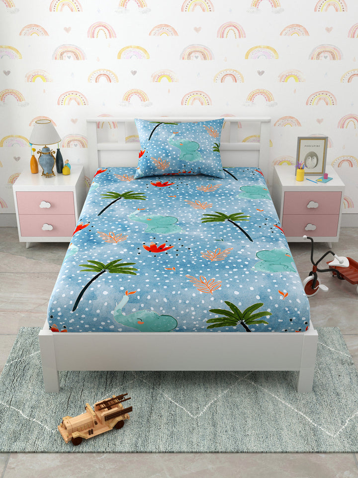 Playful Elephants romp through Whimsical Forest scene Print Kids Single Bedsheet