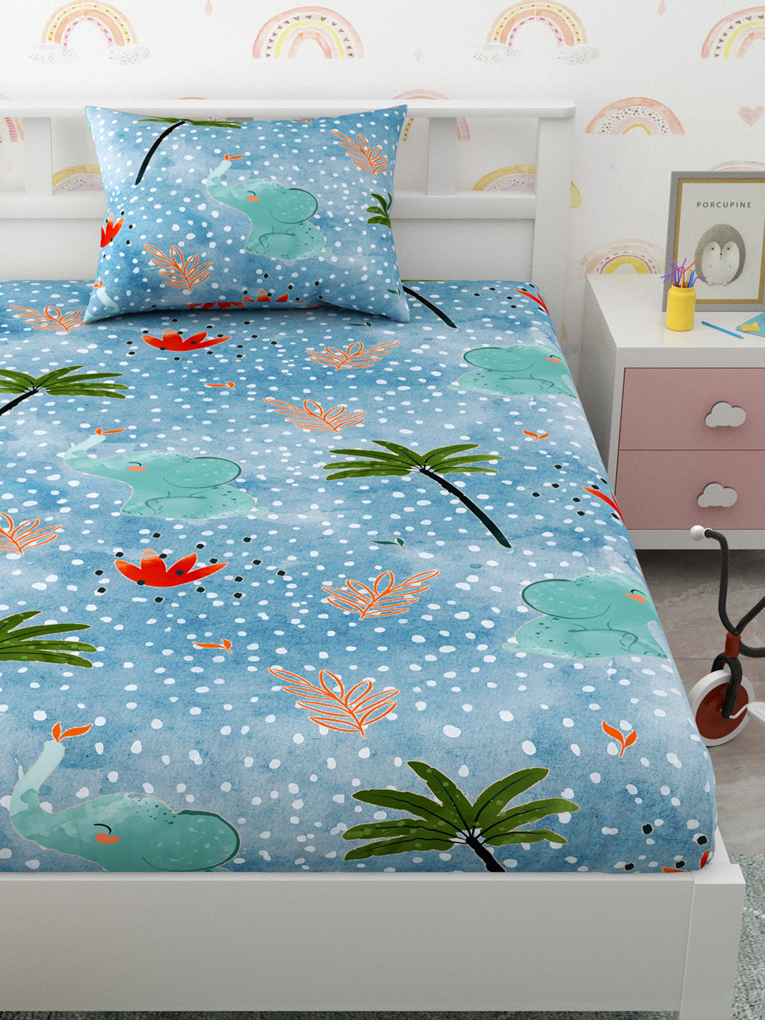 Playful Elephants romp through Whimsical Forest scene Print Kids Single Bedsheet