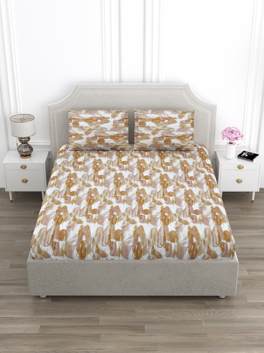 Brown & Pink Abstract Print King Size Bed Cotton Linen