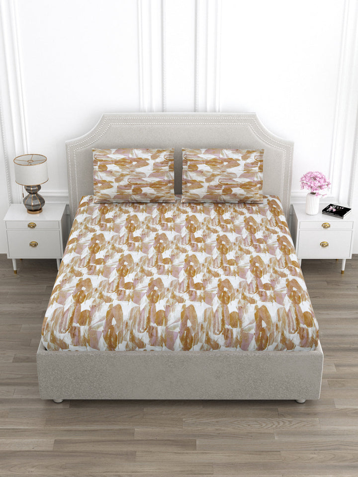 Brown & Pink Abstract Print King Size Bed Cotton Linen