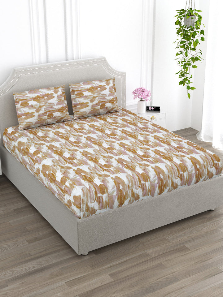 Brown & Pink Abstract Print King Size Bed Cotton Linen